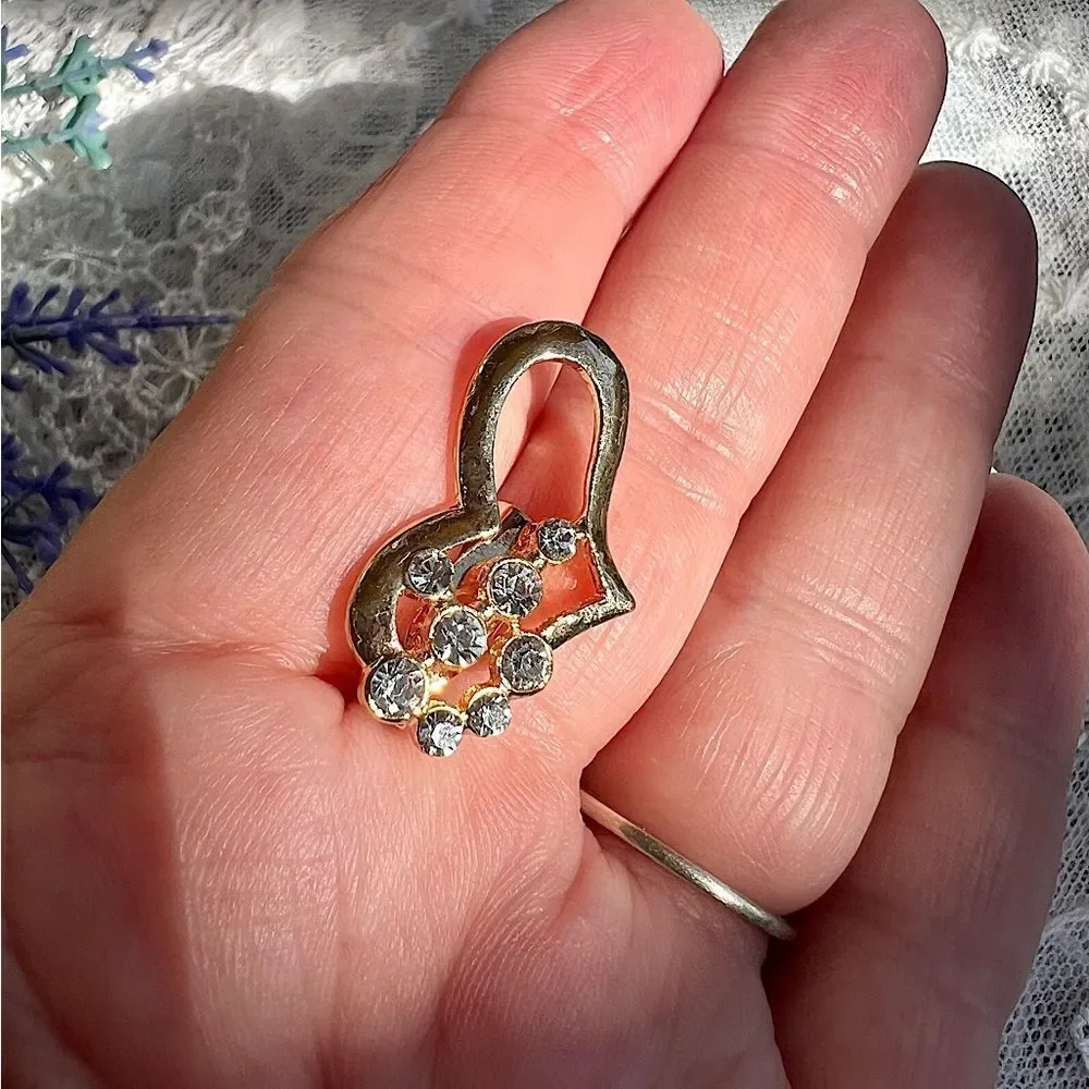 Dainty Gold & Rhinestone Heart Pin Brooch